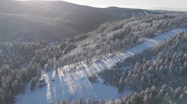 Bir dron merceği, karla kaplı ağaçların sessiz bir ihtişam içinde durduğu ormanlık bir kayak merkezinin büyüleyici güzelliğini yakalar. Yoğun ormanlık alanda kayak izleri örüyor, heyecan verici bir macera sunuyor.