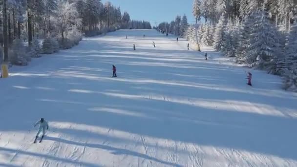 Skifahrer Die Den Berg Hinunterfahren Drohnenblick Hochwertige Footageeine Faszinierende Luftaufnahme — Stockvideo