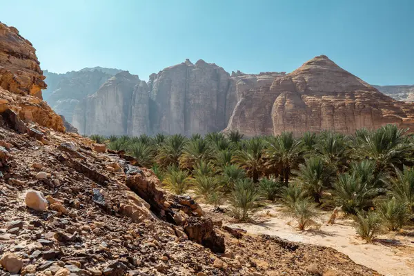 Dramatik Dağlarla Görkemli Rocky Çöl Manzarası. Suudi Arabistan. AlUla. Parçalı bulutlu bir gökyüzünün altında engebeli dağ oluşumlarıyla uçsuz bucaksız bir çöl manzarası. Arazi