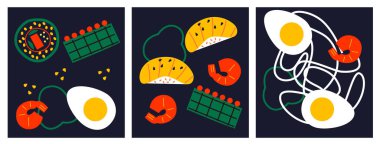 Soyut iştah açıcı suşi ve rulo koleksiyonu. Renkli karalamalı dekoratif soyut yatay afiş. Suşi ile elle çizilmiş modern çizimler ve soyut elementler. Asya mutfağı