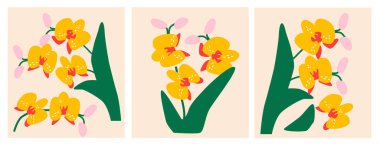 Tropik çiçekler soyut vektör. Komik renkli tipografi posteri. Renkli karalamalı dekoratif soyut yatay afiş. Tropikal çiçekli el yapımı modern çizimler. Yaz arkaplanı