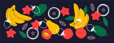 Aperatif meyve ve böğürtlen koleksiyonu. Renkli karalamalı dekoratif soyut yatay afiş. Meyve ve böğürtlenli el yapımı modern çizimler, soyut elementler. Soyut seri