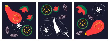 Vektör organik sebze şablonu. Çizgi film tarzında sulu sebzeler. Sağlıklı yaşam tarzı, vejetaryenlik