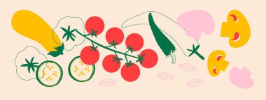 Vektör organik sebze şablonu. Çizgi film tarzında sulu sebzeler. Sağlıklı yaşam tarzı, vejetaryenlik