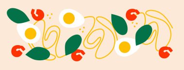 Erişte çorbası. Düz iştah açıcı. Soyut erişte, karides, limon. Renkli Japon yemek illüstrasyonu. Komik renkli tipografi posteri, giysi baskısı tasarımı, restoran menüsü dekorasyonu. Asya yemek afişi