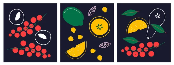Aranyos Étvágygerjesztő Gyümölcs Bogyógyűjtemény Dekoratív Absztrakt Vízszintes Banner Színes Firkákkal — Stock Fotó