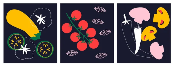 Streszczenie Warzywa Apetyczny Zbiór Pomidory Ogórki Bakłażan Grzyby Dekoracyjny Abstrakcyjny — Zdjęcie stockowe