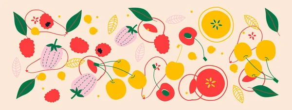 Recolha Frutas Bagas Apetitosas Banner Horizontal Abstrato Decorativo Com Rabiscos — Fotografia de Stock