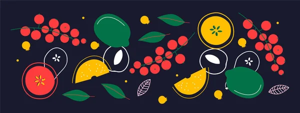 Apetyczna Kolekcja Owoców Jagód Dekoracyjny Abstrakcyjny Baner Poziomy Kolorowymi Bazgrołami — Zdjęcie stockowe