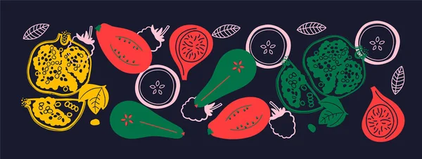 Apetyczna Kolekcja Owoców Jagód Dekoracyjny Abstrakcyjny Baner Poziomy Kolorowymi Bazgrołami — Zdjęcie stockowe