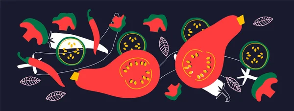 식욕을 돋구는 품이야 낙서가 그려져 추상적 수평적 야채와 손으로 삽화들 — 스톡 사진