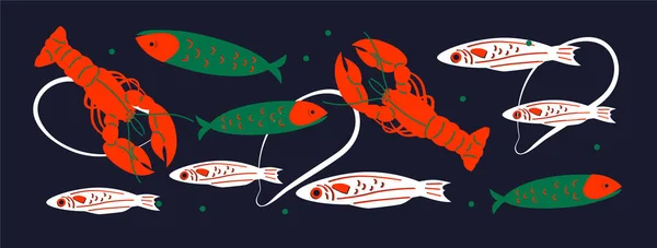 Abstract appetizing Seafoods collection. Decorative abstract horizontal banner with colorful doodles. Hand-drawn modern illustrations with Seafoods abstract elements. Seafoods