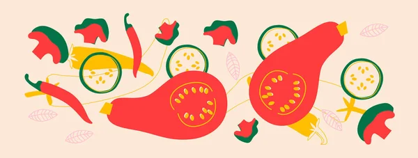 Мила Апетитна Колекція Овочів Декоративний Абстрактний Горизонтальний Банер Різнокольоровими Каракулями — стокове фото