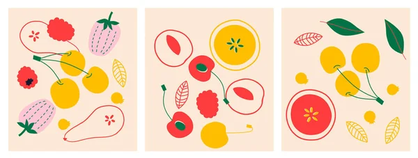 かわいい食欲をそそるフルーツとベリーのコレクション カラフルなドアと装飾抽象的な水平バナー 果物や果実 抽象的な要素と手描きの近代的なイラスト — ストック写真