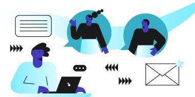 Sosyal ağlar kavramı, sanal ilişkiler. Yeni nesil. Arkadaş muhabbeti ve mesajlaşması. Vektör düz resimleme.