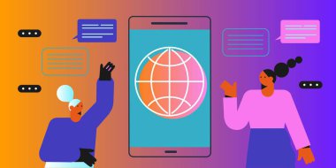 Sosyal ağlar kavramı, sanal ilişkiler. Yeni nesil. Arkadaş muhabbeti ve mesajlaşması. Vektör düz resimleme.