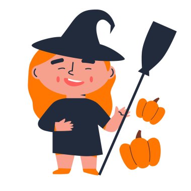 Mutlu Cadılar Bayramı vektör illüstrasyonu. Ev, balkabağı, yarasalar, Cadılar Bayramı arka bahçesi için dekorasyon ve arka planda sonbahar manzarası. Stilize sonbahar ormanı ve arka planda gizemli bir ev.