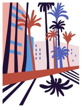 Vector soyut çizimler şehir sokakları. Büyük şehirdeki insanlar. Poster, kart ve kapak için serbest çizimler. Birçok binası olan peyzaj şehir merkezi. Çizgi film düz vektörü.