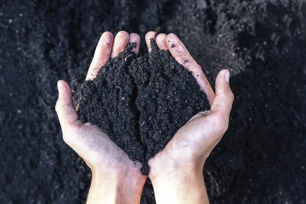 Hands holding abundance soil for agriculture or preparing to plant  Testing soil samples on hands with soil ground background. Dirt quality and farming concept. Selective focus on black soil in front