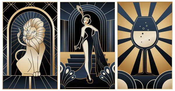Illustrazioni Stile Art Deco Leone Stilizzato Bicchiere Vino Signora Grafiche Vettoriali