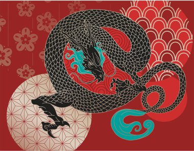 El çizimi Japon vektör ejderhası, renkli çizimler.