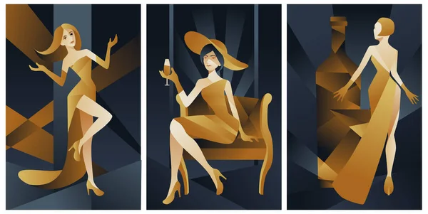 Colorful Art Deco Illustrations Set Ladies Stylish Evening Dresses — Stock Vector