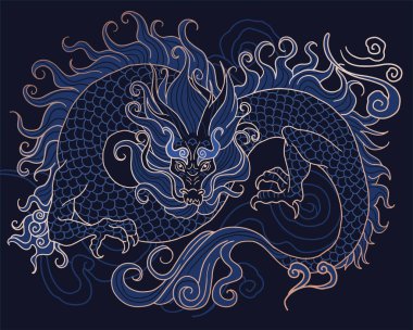 El çizimi Japon vekil ejderhası siyah ve altın renkli.