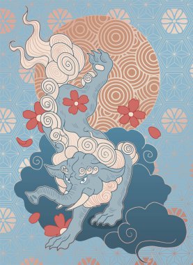 Japon tarzı illüstrasyon, efsanevi yaratık baku, dövme tasarımı, mitoloji, fantezi