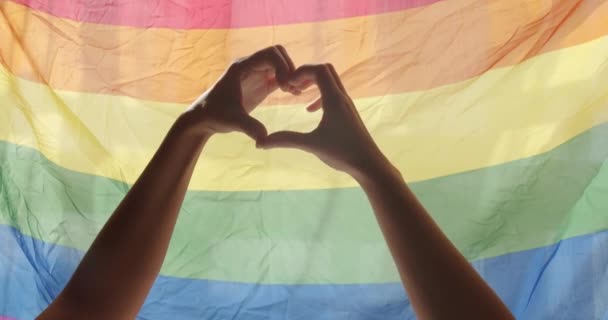 愛のサインだ Lgbtのお祝いイベントシンボル 愛は平等だ Lgbtの権利 人間関係だ ゲイとレズビアンのプライドLgbtフラグ 手を支える虹の旗の前でハートサインと波が飛ぶ — ストック動画