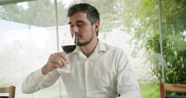 ソムリエがワインのグラスを振って試飲している 上品な服装の男が味を味わい 透明なガラスに注いだ新鮮な赤ワインを飲んでいます — ストック動画