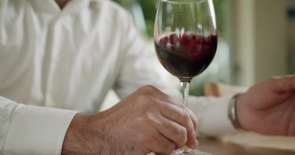 試飲で色を評価するガラスの中に赤ワインを混合肯定的なソムリエ ワインの試飲をする男 上品な服装の男が味を味わい 透明なガラスに注いだ新鮮な赤ワインを飲んでいます — ストック動画