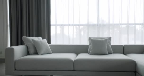 Modern Contemporary Minimalist Living Room White Gray Furniture Table Luxury — Vídeo de stock