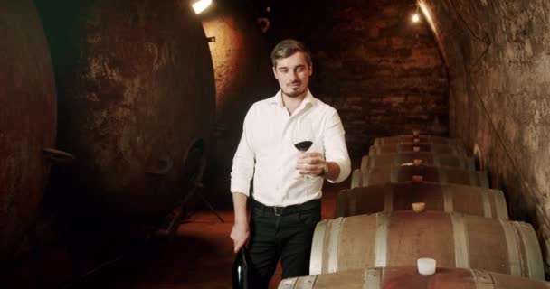 Joliment Habillé Sommelier Jouit Avec Une Bouteille Main Verre Vin — Video
