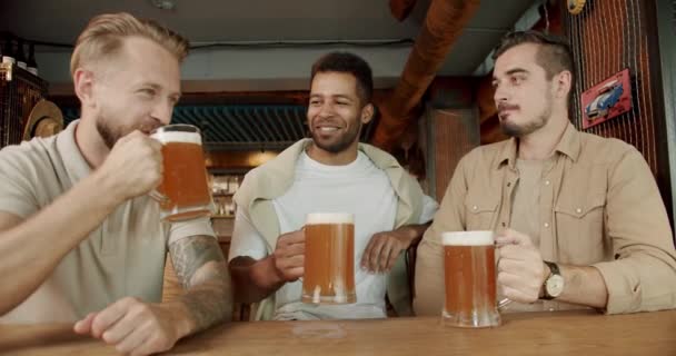 Colegas Sexo Masculino Bom Humor Beber Cerveja Rascunho Relaxante Jovens — Vídeo de Stock