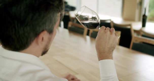 Pozitivní Sommelier Míchání Červeného Vína Skle Vyhodnocování Barvy Degustaci Vinařský — Stock video