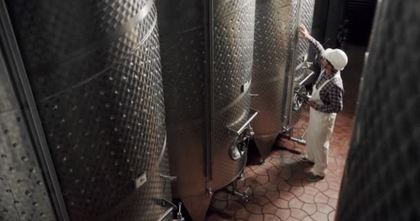 ワイン工場の生産設備の品質を制御します スチールワイン蒸留タンク 近代的なワイン製造施設やワイナリー ワイン発酵のための大きなスチールバレル ワイン生産工場 — ストック動画