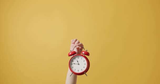 Alarm Time Woman Gesturing Her Hands Red Alarm Clock Isolated — Stock Video