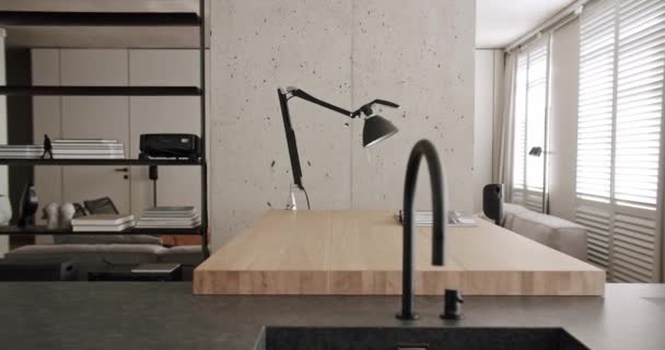 Modern Kitchen Room Minimalist Apartment Dining Area Natural Wood Black — Stockvideo