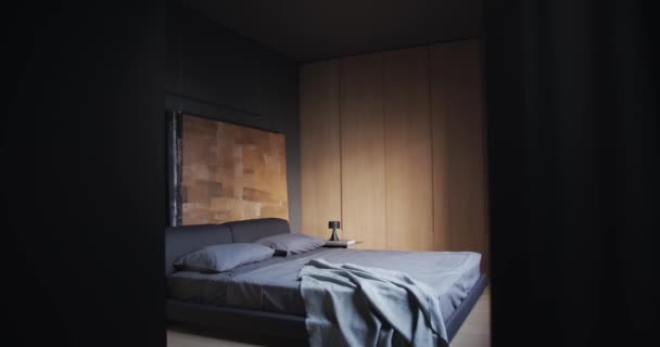 Echt Zeitgenössisches Minimalistisches Schlafzimmer Schwarztönen Große Gemälde Und Holz Mit — Stockvideo