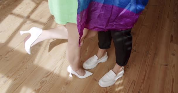 Lgbt Women Couple Rest Home Embrace Holding Each Other Pride — Stock Video