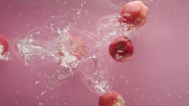 澄んだ水にリンゴが落ちる 上からピンクの背景を持つきれいな透明な水の静止したショットをゆっくりと動き 果実の山の中で熟した新鮮なリンゴを落下 — ストック動画