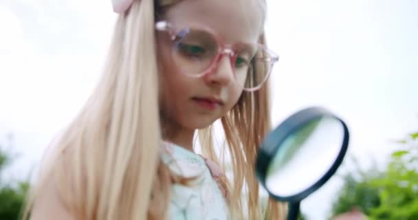 自然界に虫眼鏡をかけたかわいい好奇心旺盛な女の子 低角ハンドヘルドショットの小さいですブロンド女の子で大きな眼鏡で探索バグ上の指見ますを通して大きな虫眼鏡で夏公園 — ストック動画