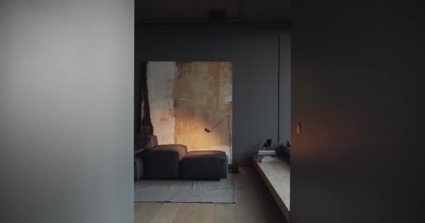Real Contemporary Minimalist Interior Design Living Room Black Gray Tone — Stock Video