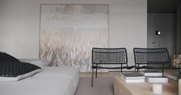 Living Room Luxury Minimalist Design Real Apartment White Gray Tones — Video Stock