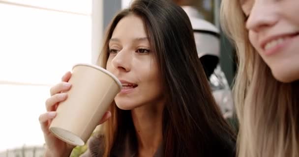 Young Women Coffee Chatting Street Handheld Shot Young Girlfriends Coffee — Stock Video