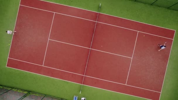 Friends Play Tennis Carpet Courts Outdoors Aerial Top Drone Shot — Stock Video