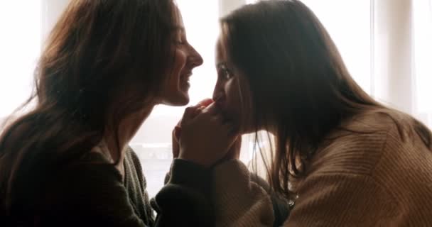 Couple Women Hug Each Other Warmly Relax Home Close Look — Vídeo de Stock