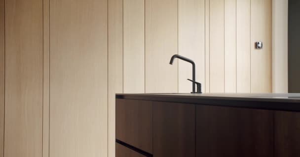 Lichte Houten Muur Vloeren Moderne Keuken Met Minimalistische Eettafel Huiselijke — Stockvideo