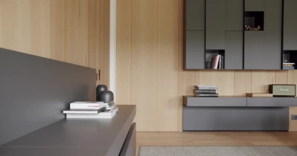 Затишний Сучасний Дизайн Меблів Полками Книгою Сучасна Мінімалістична Вітальня Дерев — стокове відео