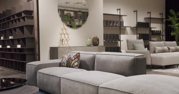 Modernes Sofa Aus Grauem Stoff Sofa Mit Textilpolstern Und Kissen — Stockvideo